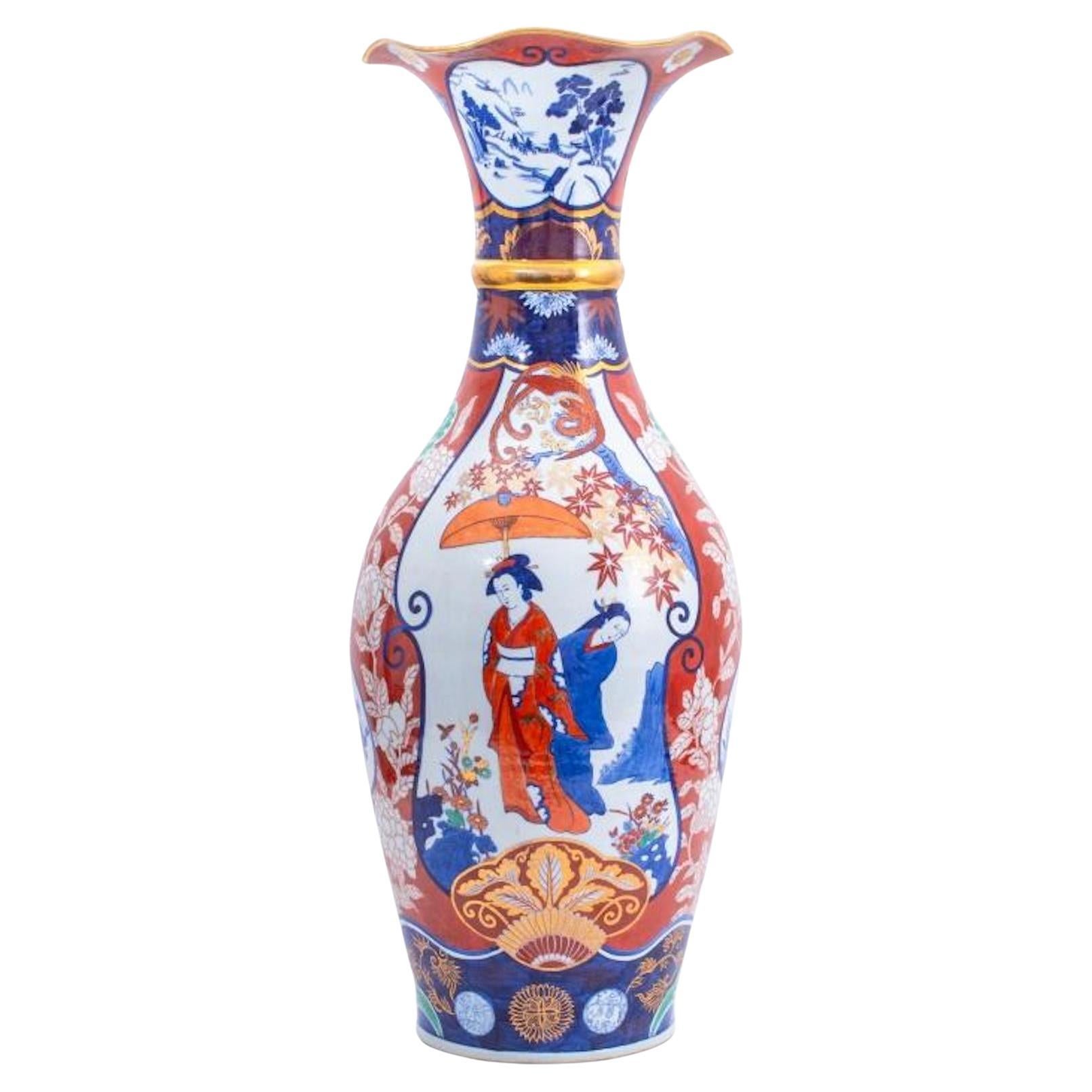 Large Japanese Imari Porcelain Trumpet Neck Floor Vase For Sale
