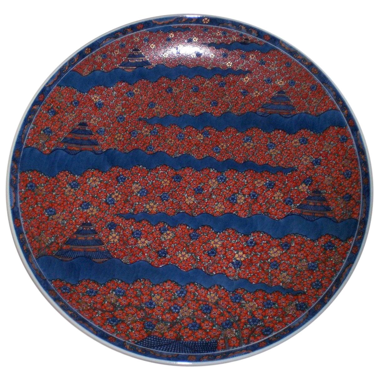 Large Japanese Imari Red Blue Porcelain Charger by Master Artist
