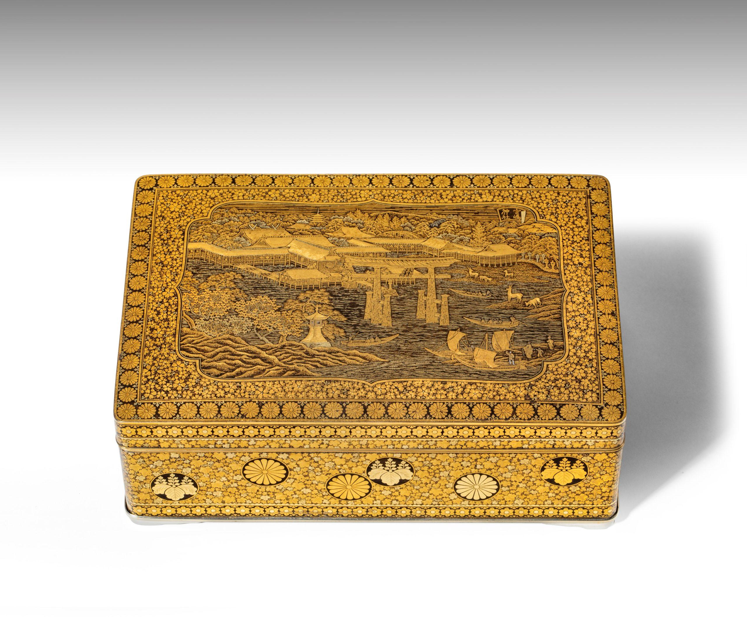 As part of our Japanese works of art collection we are delighted to offer this large Meiji Period 1868-1912 damascened iron lidded box standing upon its fitted silver base, the cedar lined box is decorated with the scene of the Itsukushima shrine on
