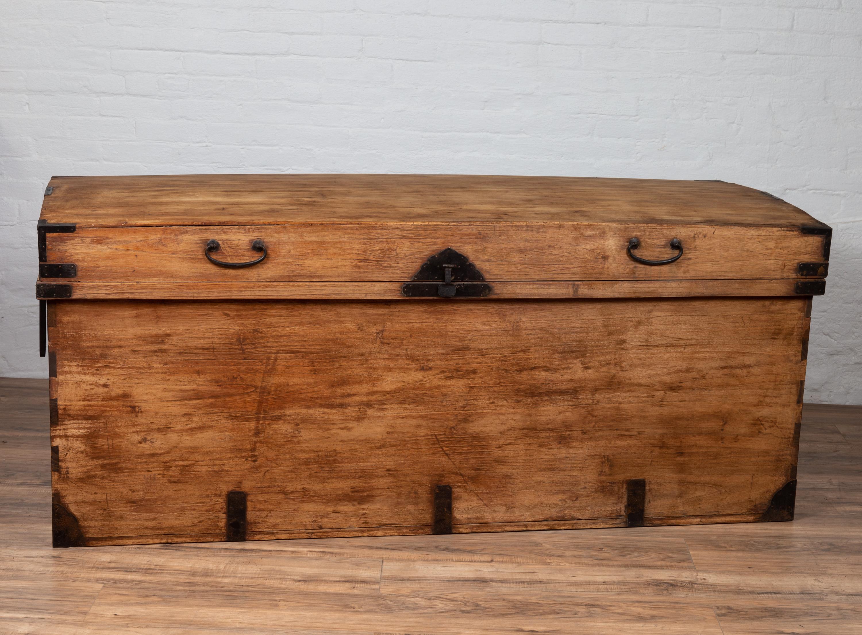 Wood Large Japanese Kimono Storage Chest with Iron Braces and Handles, circa 1900