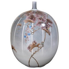 Large Japanese Kutani Blue Gray Porcelain Vase by Contemporary Master Artist