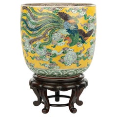 Large Japanese Kutani Jardiniere on Hardwood Stand