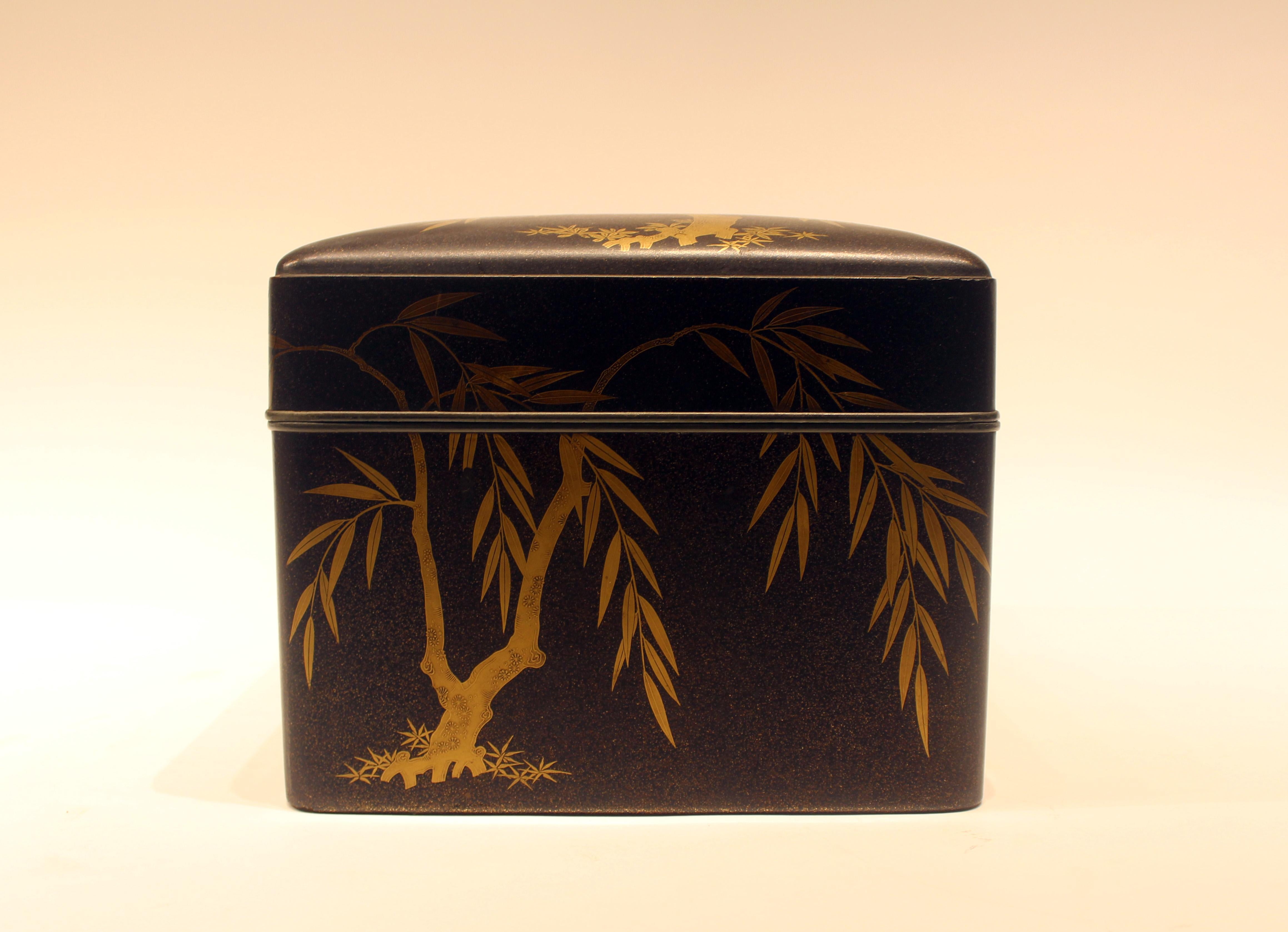 19th century Japanese lacquer document box with metal trim and gold accents.