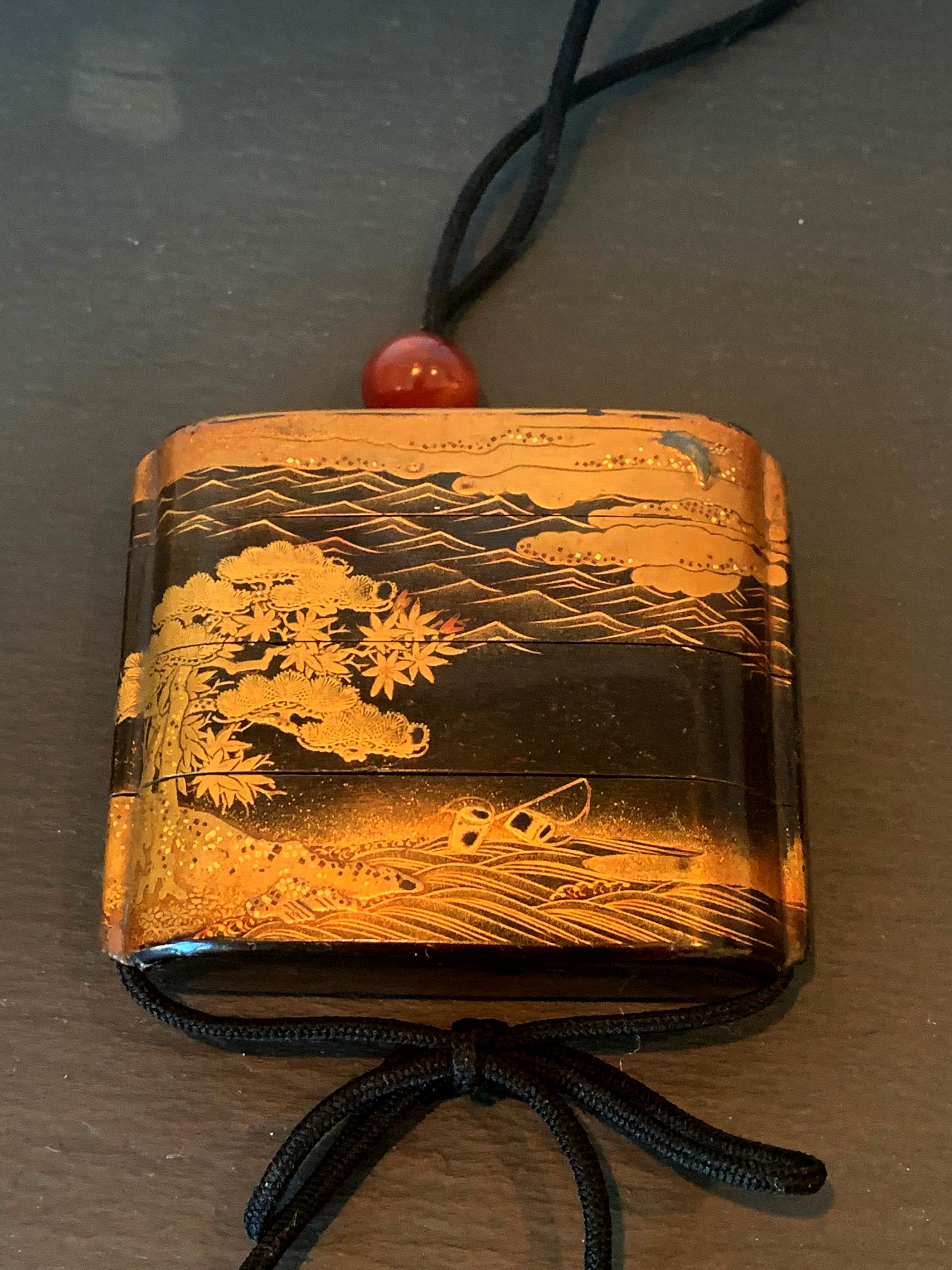 19th Century Large Japanese Lacquer Inro with Maki-e Landscape Meiji Period