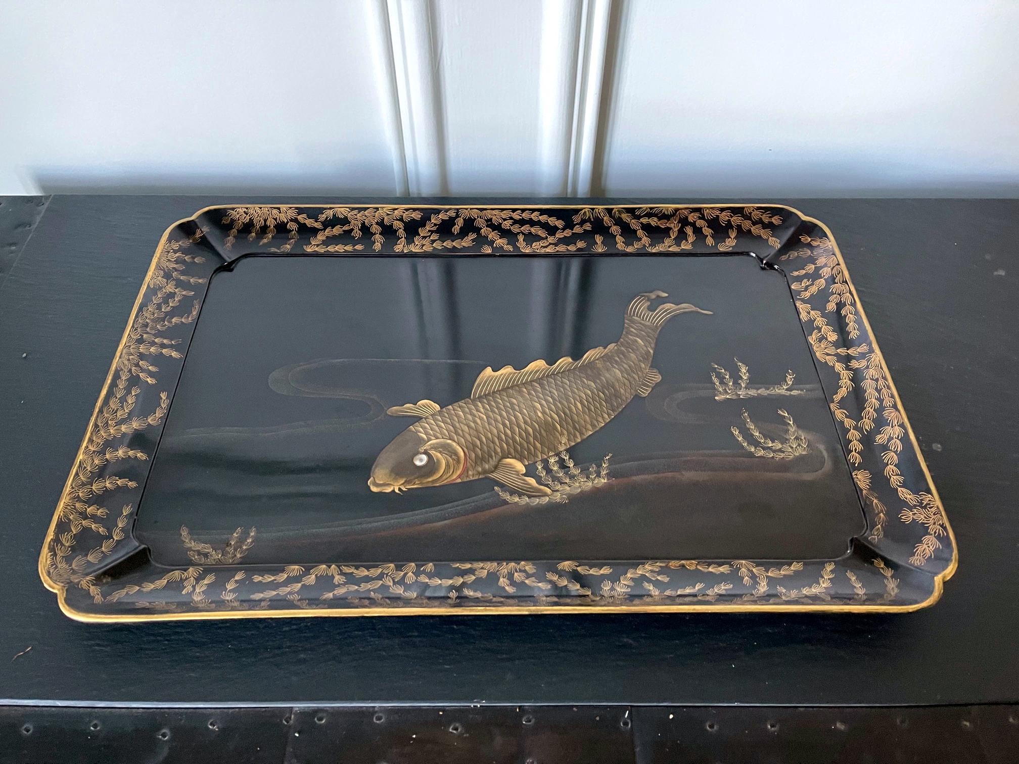 A large rectangular tray with scalloped corners and slightly raised gallery rim circa late 19th century to early 20th century (end of Meiji period). The center image showcases a lively carp swimming in the water swaying with aquatic plants. The carp