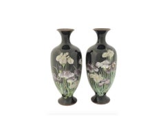 A Pair of Large Meiji Japanese Cloisonne Enamel Vases with Iris's