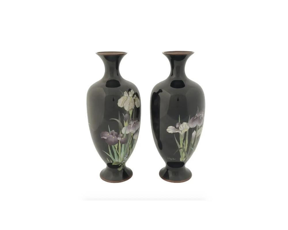 Cloissoné A Pair of Large Meiji Japanese Cloisonne Enamel Vases with Iris's For Sale