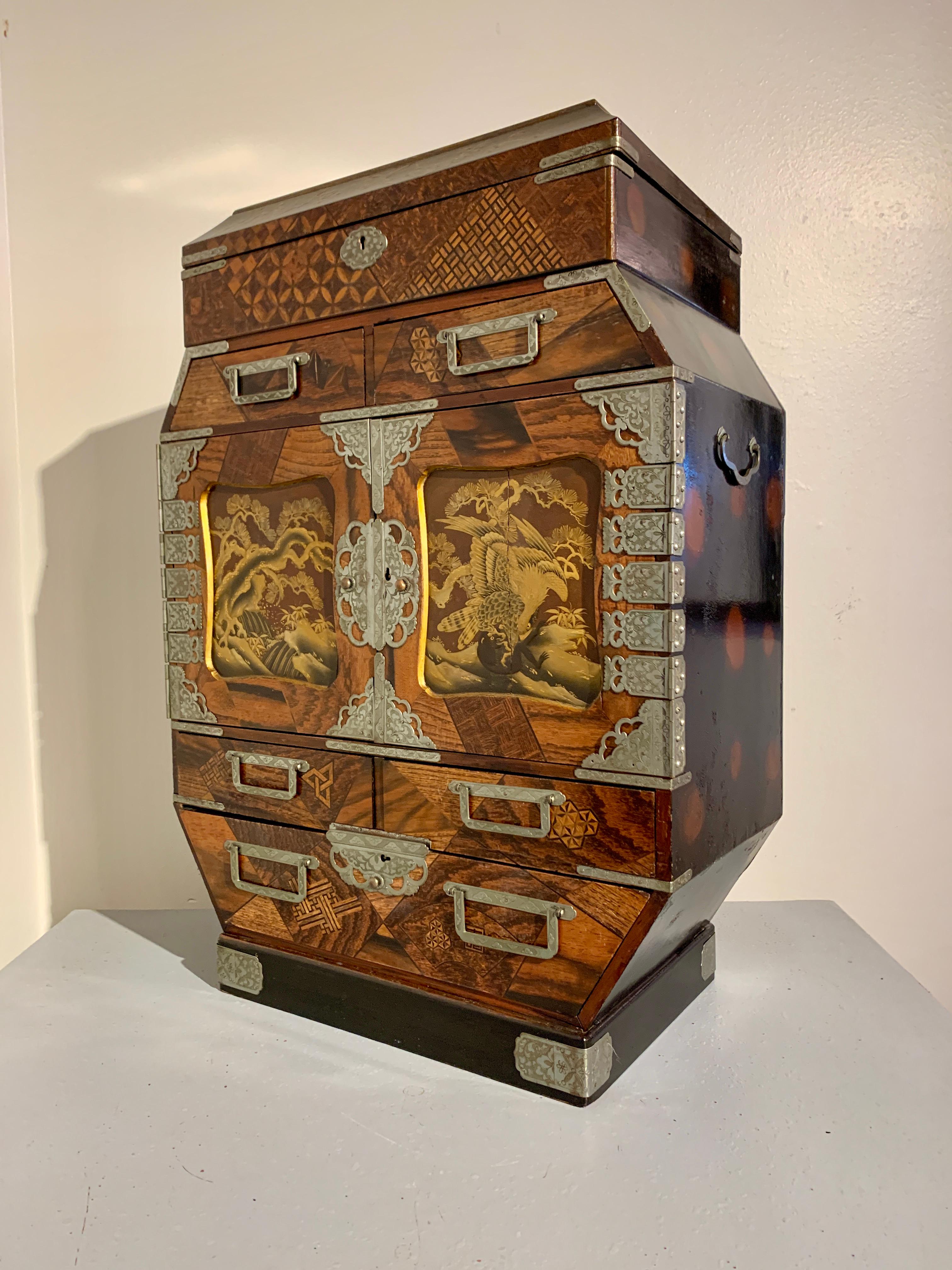Brass Large Japanese Marquetry Table Cabinet, Meiji Period, Late 19th Century, Japan For Sale