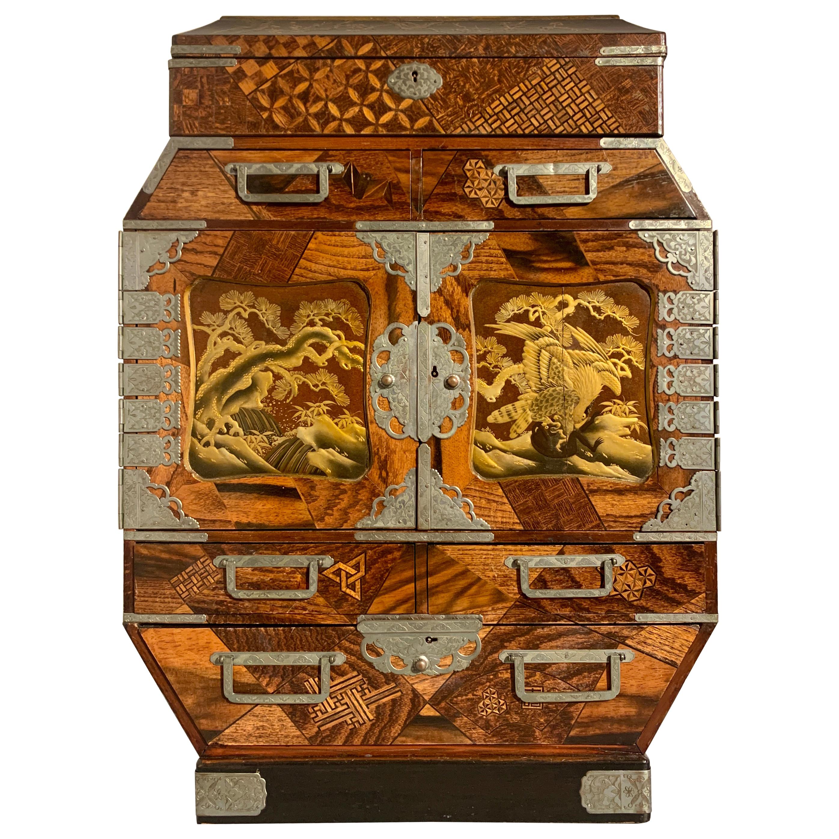 Large Japanese Marquetry Table Cabinet, Meiji Period, Late 19th Century, Japan