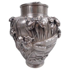 Large Japanese Meiji Art Nouveau Silver Tea Caddy