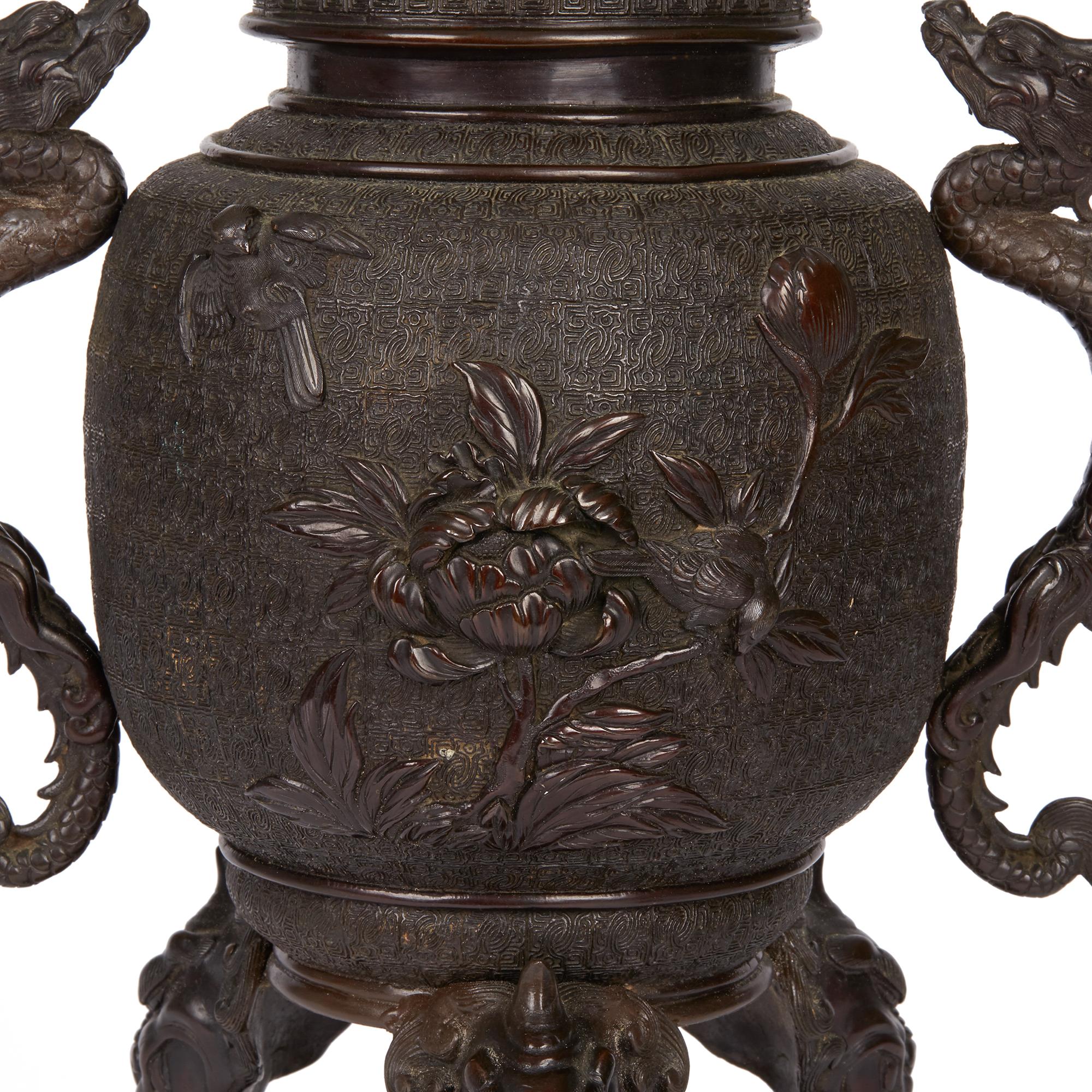 Large Japanese Meiji Bronze Lidded Urn, 19th Century For Sale 4