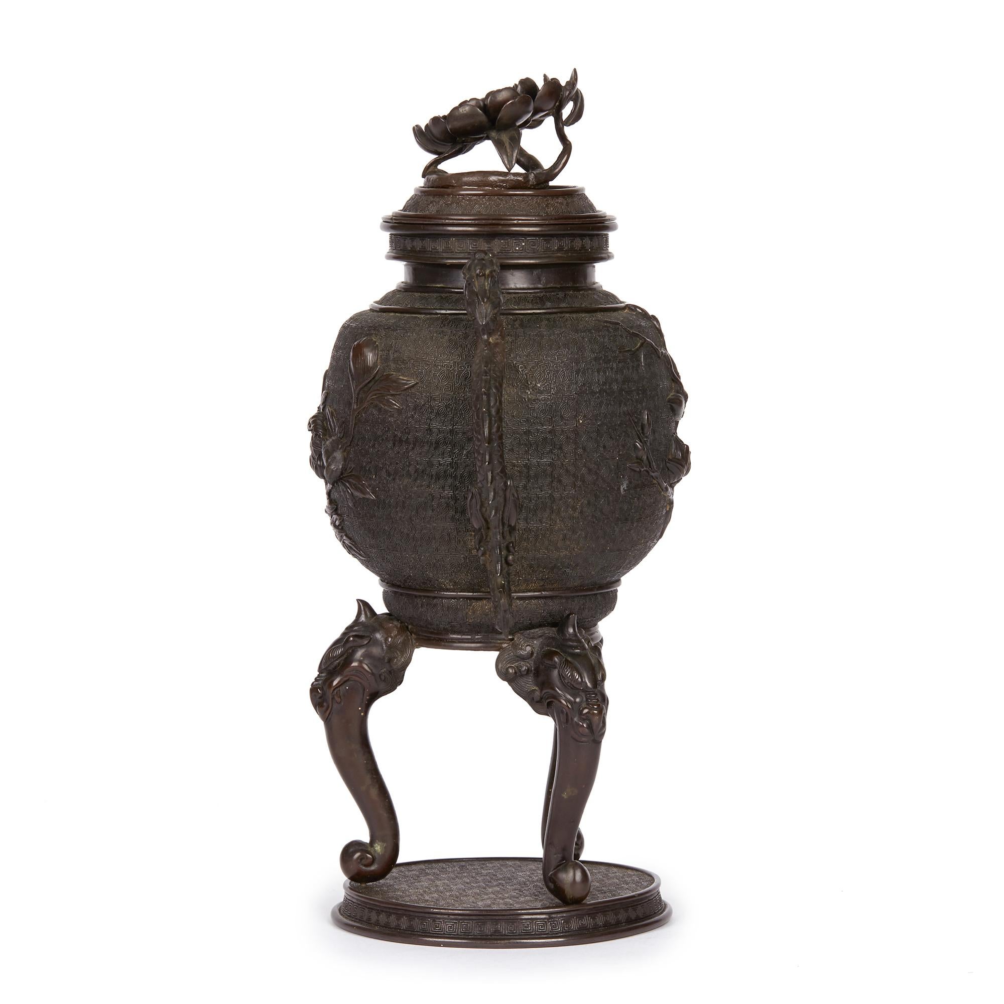 Patinated Large Japanese Meiji Bronze Lidded Urn, 19th Century For Sale