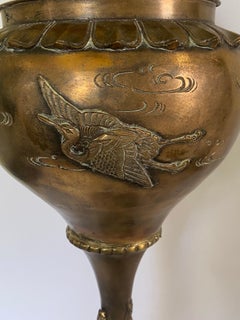 Large Japanese Meiji Bronze Oil Lamp with Cranes and Dragon, Electrified, c 1890