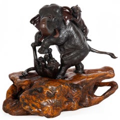 Large Japanese Meiji Bronze Sculpture Elephant and Tigers by Mitsumoto
