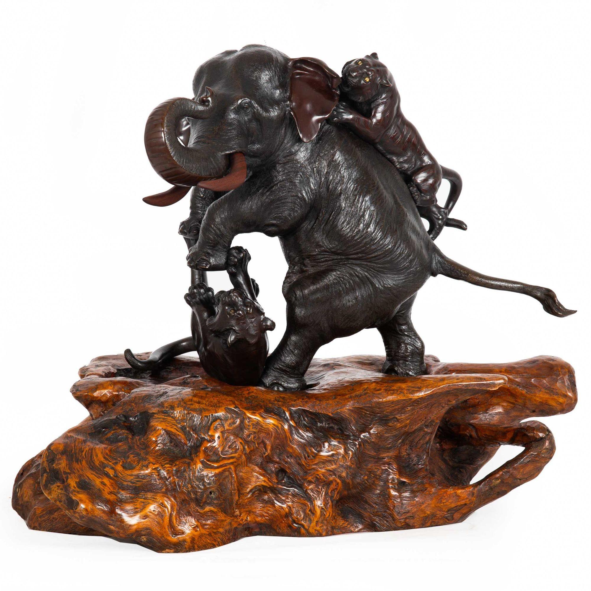 Carved Large Japanese Meiji Bronze Sculpture Elephant and Tigers by Mitsumoto For Sale
