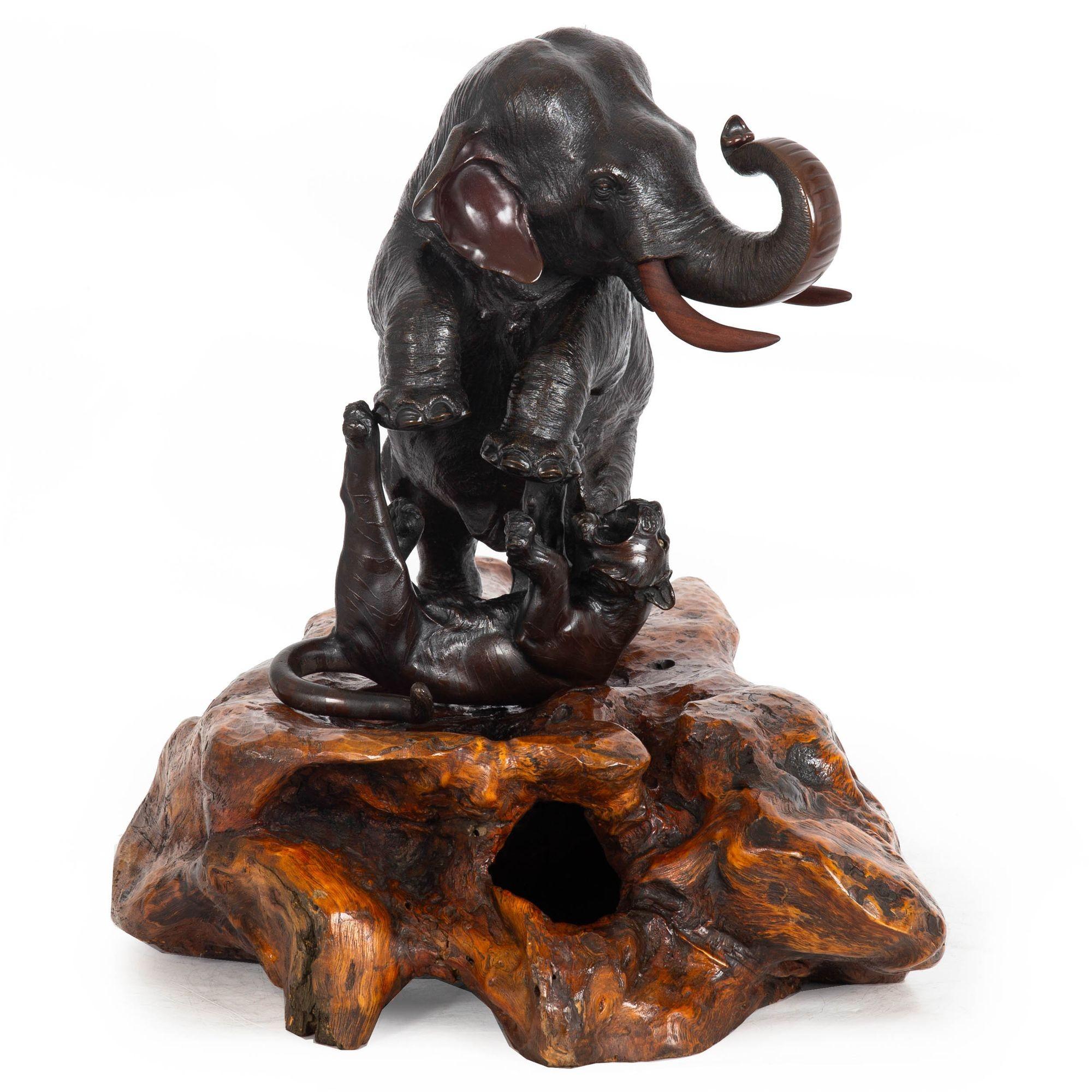 Large Japanese Meiji Bronze Sculpture Elephant and Tigers by Mitsumoto In Good Condition For Sale In Shippensburg, PA