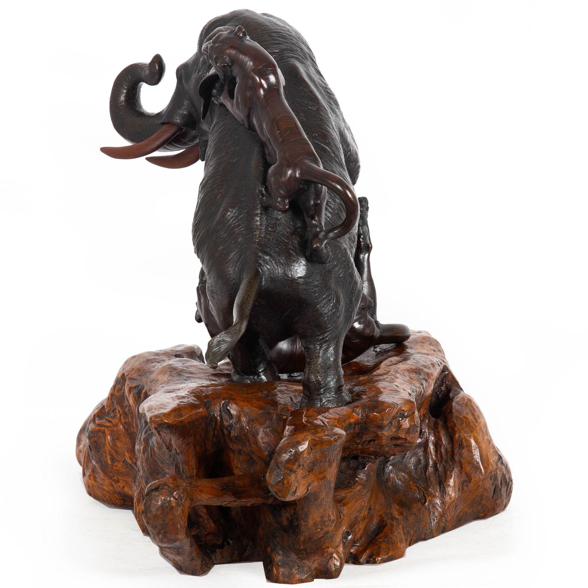 20th Century Large Japanese Meiji Bronze Sculpture Elephant and Tigers by Mitsumoto For Sale