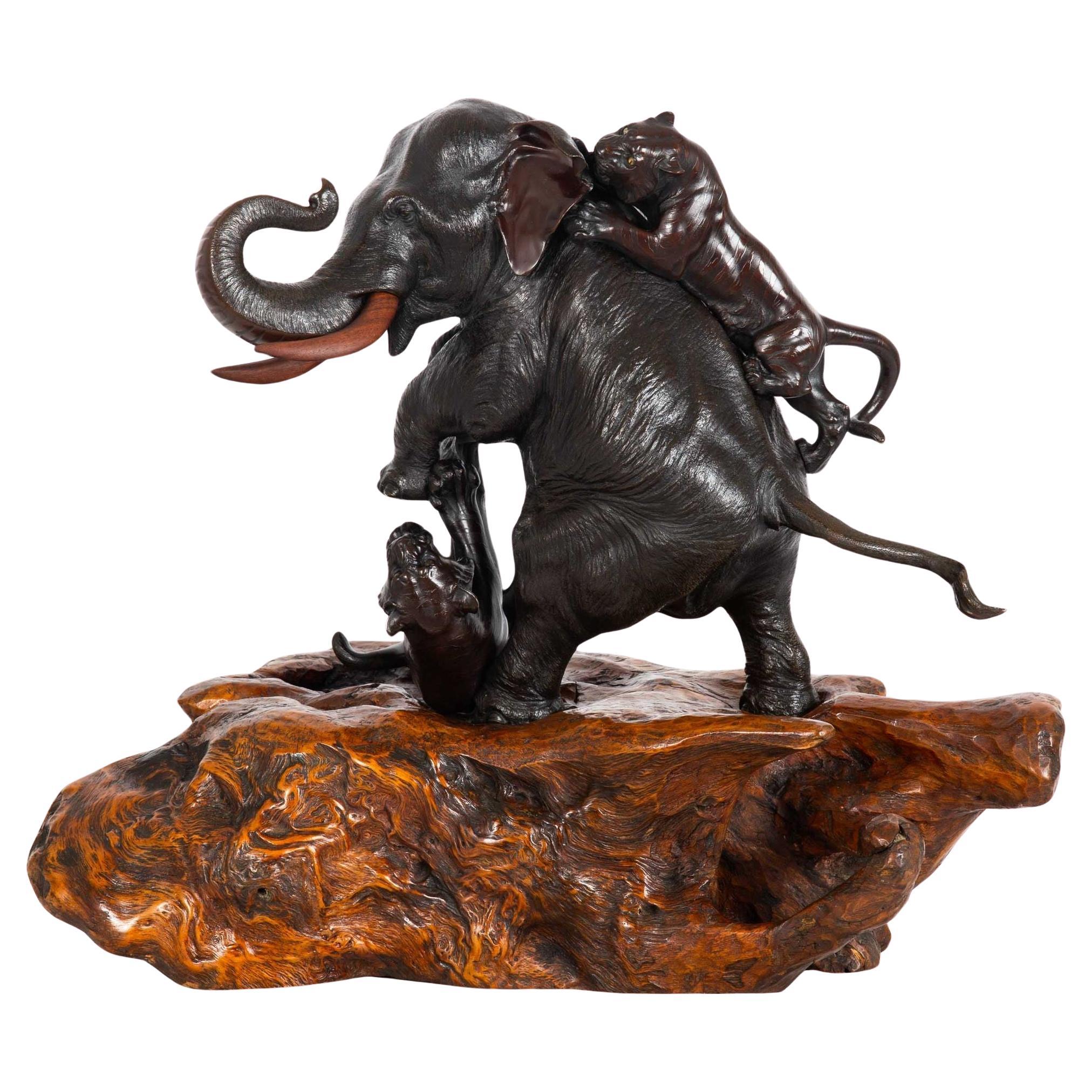 Large Japanese Meiji Bronze Sculpture Elephant and Tigers by Mitsumoto