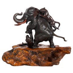 Used Large Japanese Meiji Bronze Sculpture Elephant and Tigers by Mitsumoto