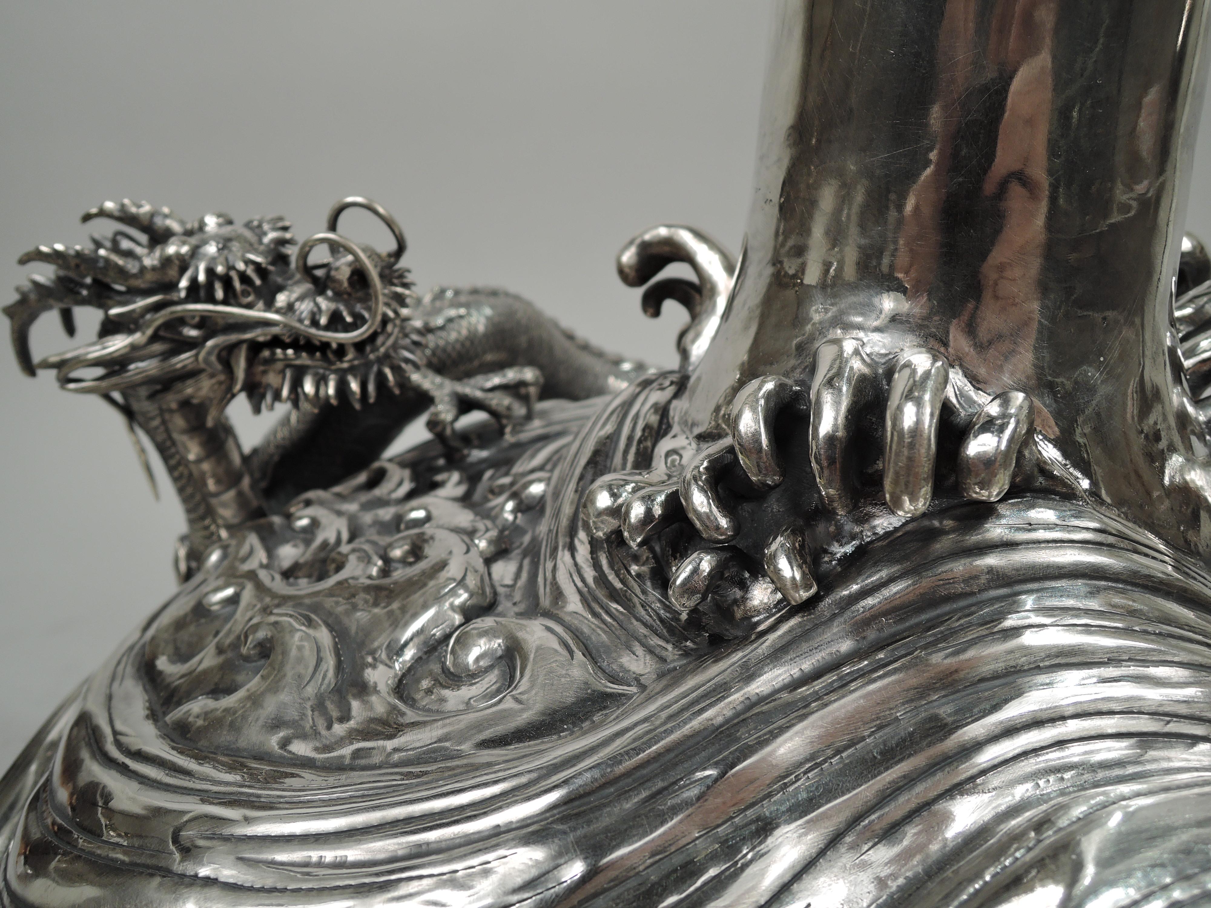 19th Century Large Japanese Meiji Centerpiece Silver Vase with Dramatic Waves & Dragon For Sale