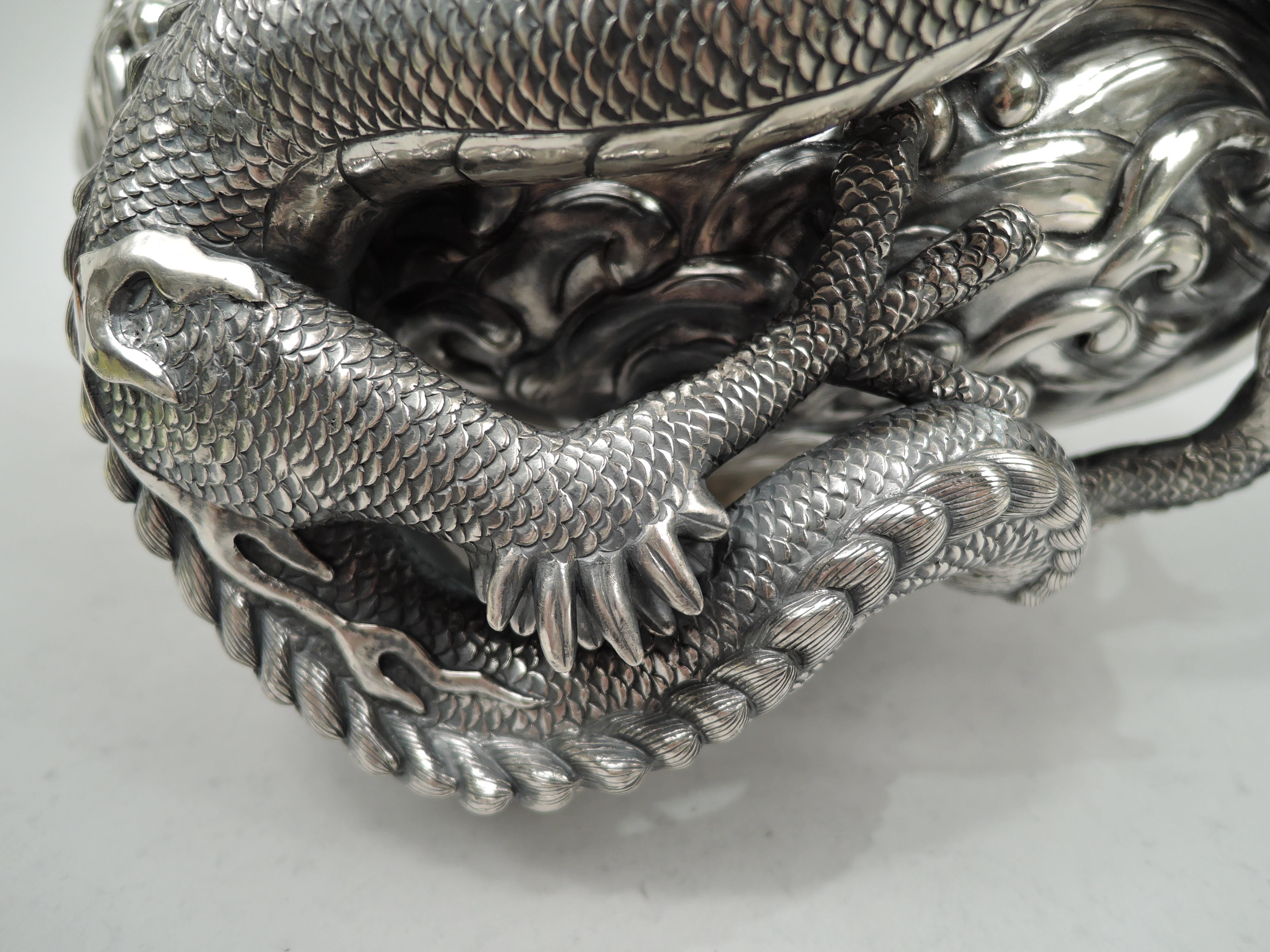 Large Japanese Meiji Centerpiece Silver Vase with Dramatic Waves & Dragon For Sale 1