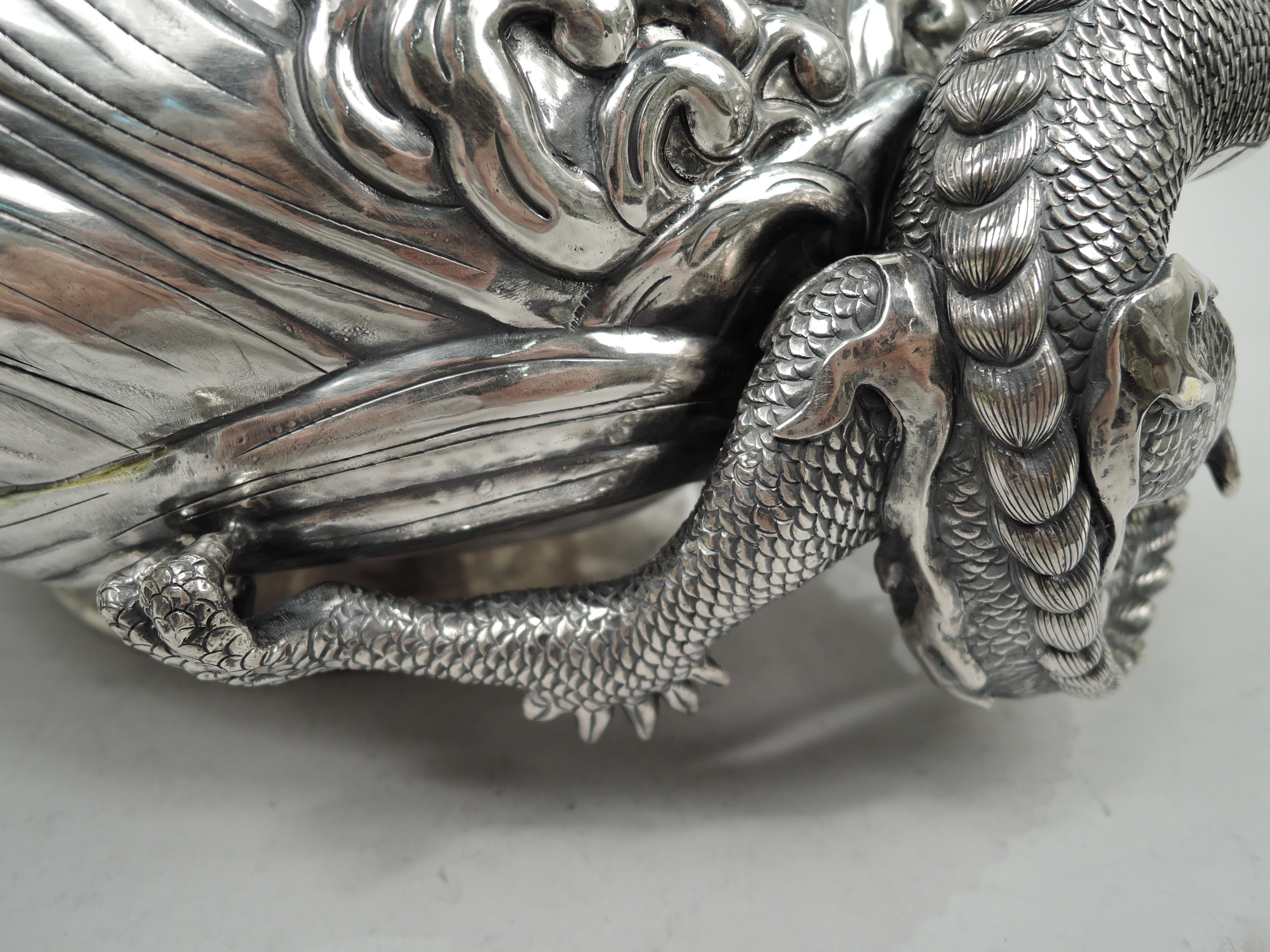 Large Japanese Meiji Centerpiece Silver Vase with Dramatic Waves & Dragon For Sale 2