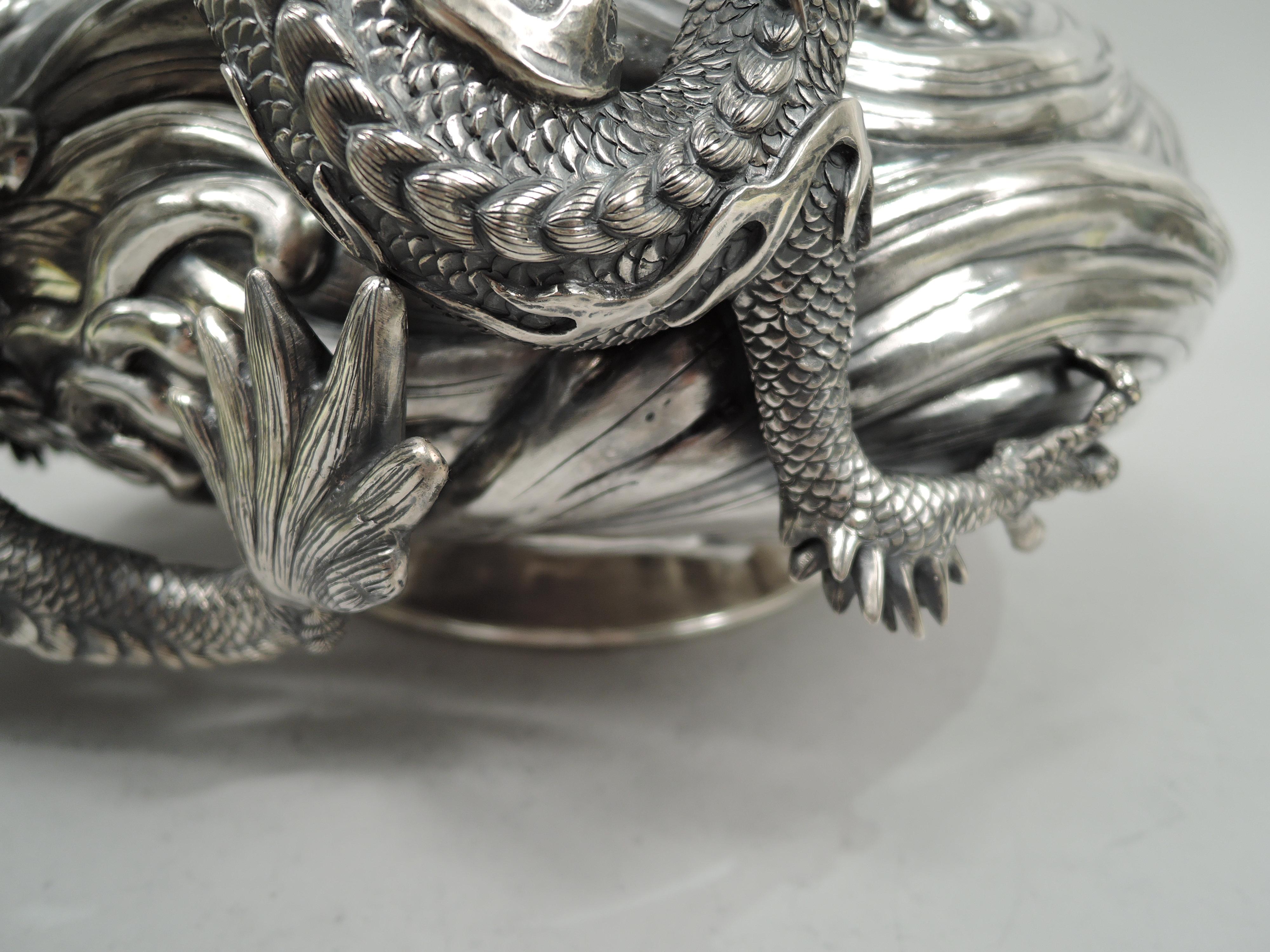 Large Japanese Meiji Centerpiece Silver Vase with Dramatic Waves & Dragon For Sale 3