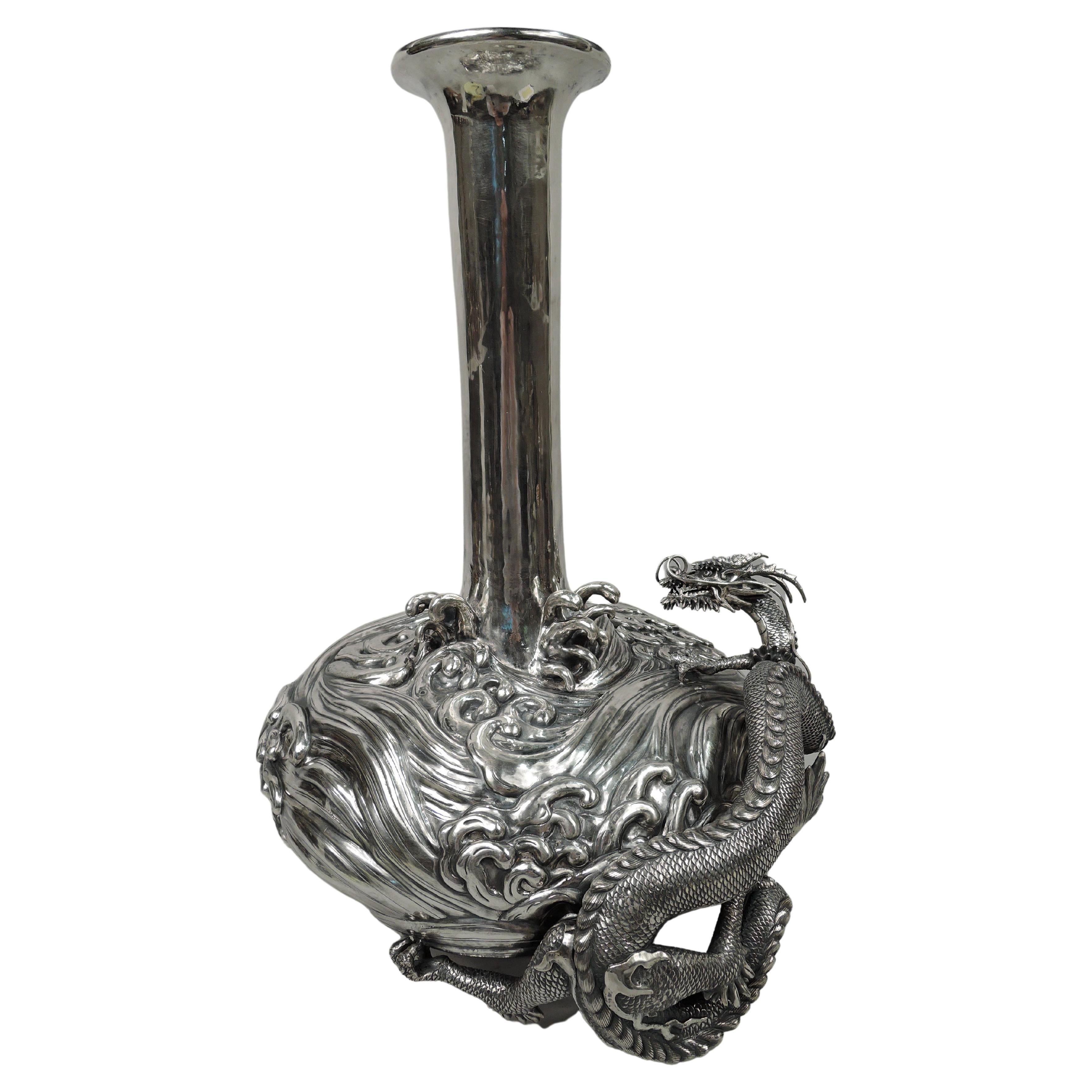Large Japanese Meiji Centerpiece Silver Vase with Dramatic Waves & Dragon For Sale