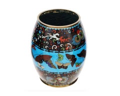 Large Antique Meiji Japanese Cloisonne Enamel Barrel Vase with Butterflies