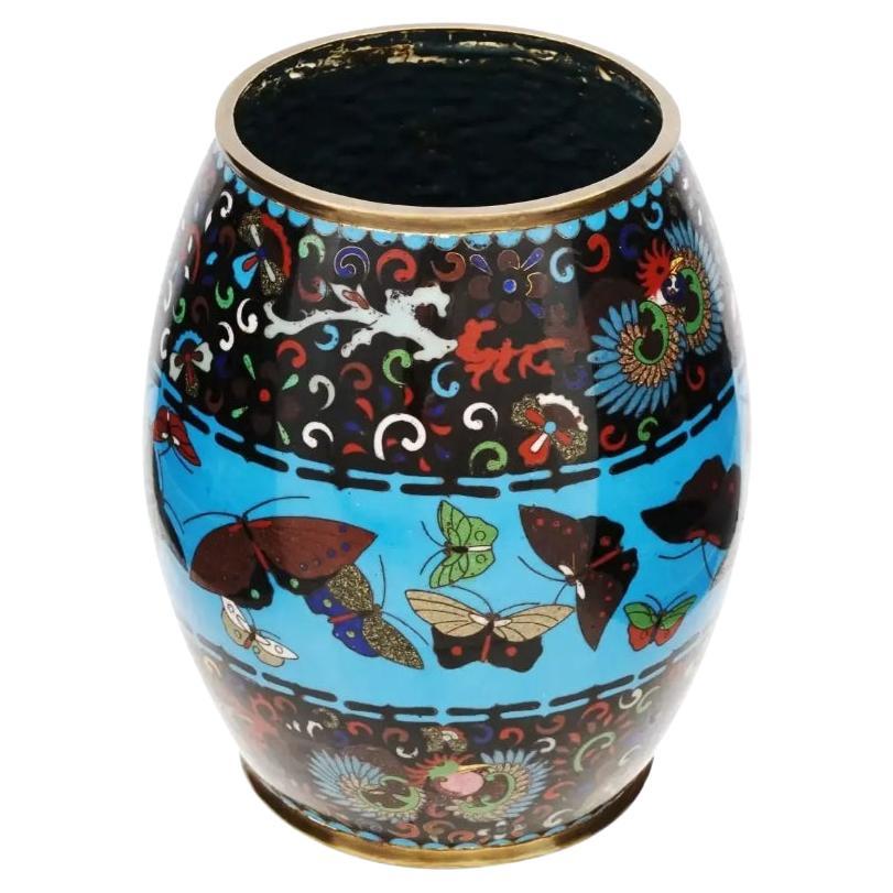 Large Antique Meiji Japanese Cloisonne Enamel Barrel Vase with Butterflies For Sale