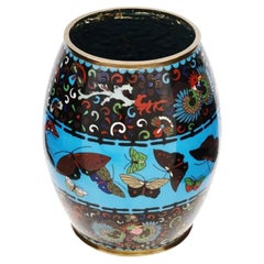 Large Antique Meiji Japanese Cloisonne Enamel Barrel Vase with Butterflies