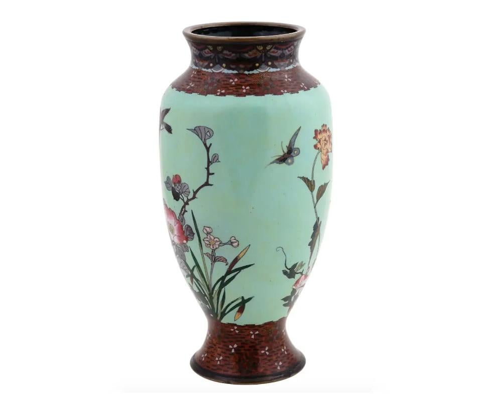 Cloissoné Large Antique Meiji Japanese Cloisonne Enamel Green Vase Flowers and Birds For Sale
