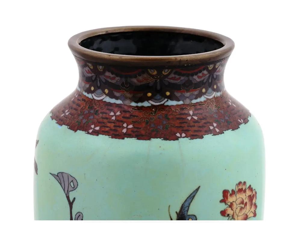 Brass Large Antique Meiji Japanese Cloisonne Enamel Green Vase Flowers and Birds For Sale