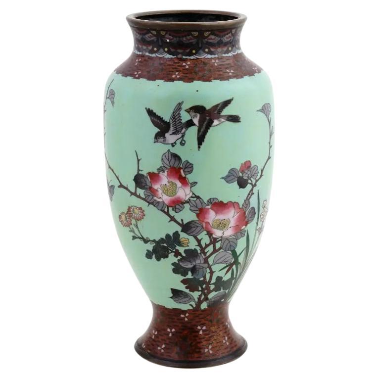 Large Antique Meiji Japanese Cloisonne Enamel Green Vase Flowers and Birds For Sale