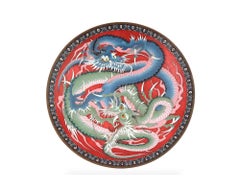 A 12 inch Meiji Japanese Cloisonne Enamel Double Dragon Plate Charger Signed