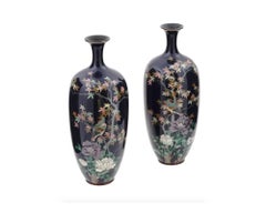 Large Pair of Meiji Japanese Cloisonne Enamel Vase of Birds in a Garden