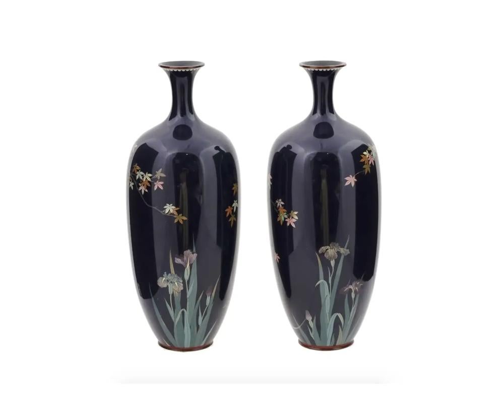 Large Pair of Meiji Japanese Cloisonne Enamel Vase of Birds in a Garden In Good Condition For Sale In New York, NY