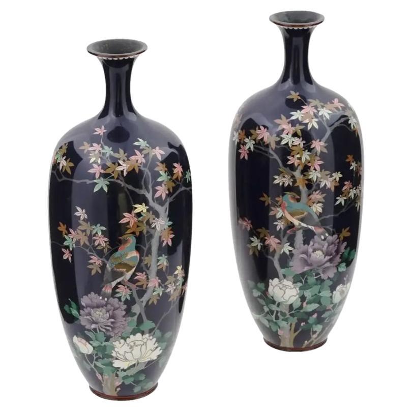 Large Pair of Meiji Japanese Cloisonne Enamel Vase of Birds in a Garden