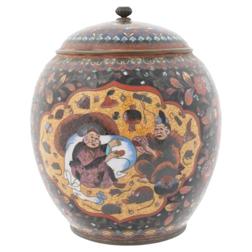 Large Japanese Meiji Lidded Cloisonne Enamel Jar For Sale