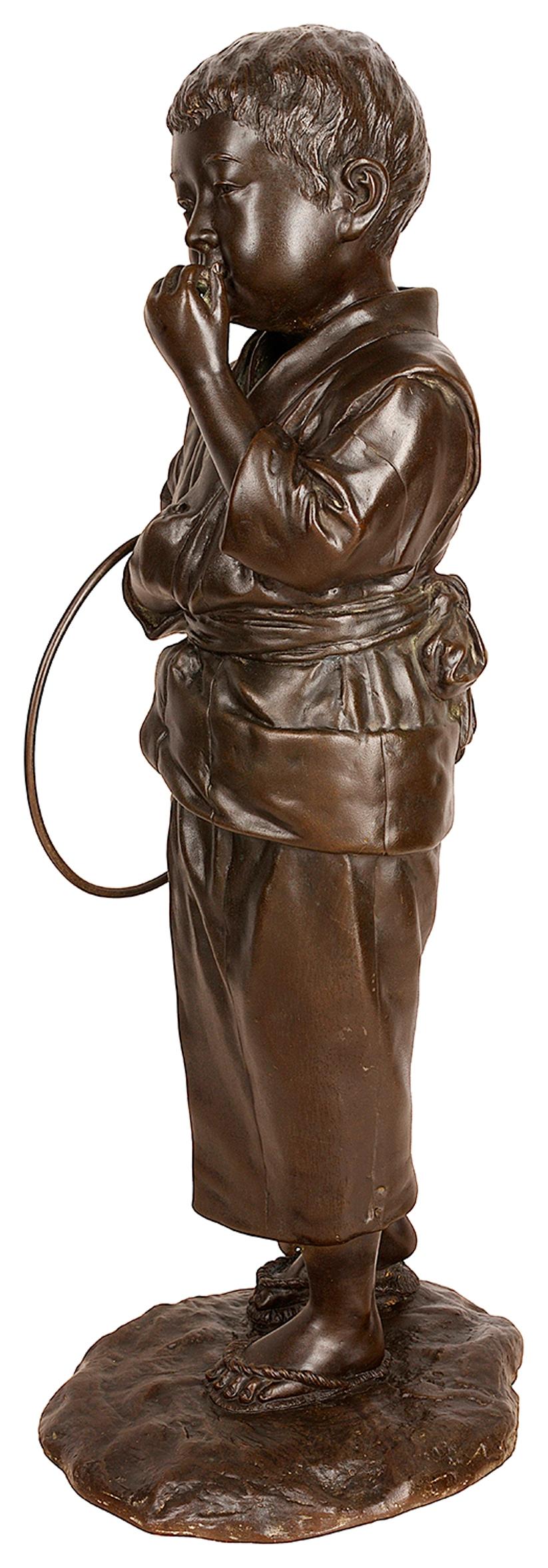 Japonisme Large Japanese Meiji Period Bronze of a Young Child with a Play Hoop For Sale
