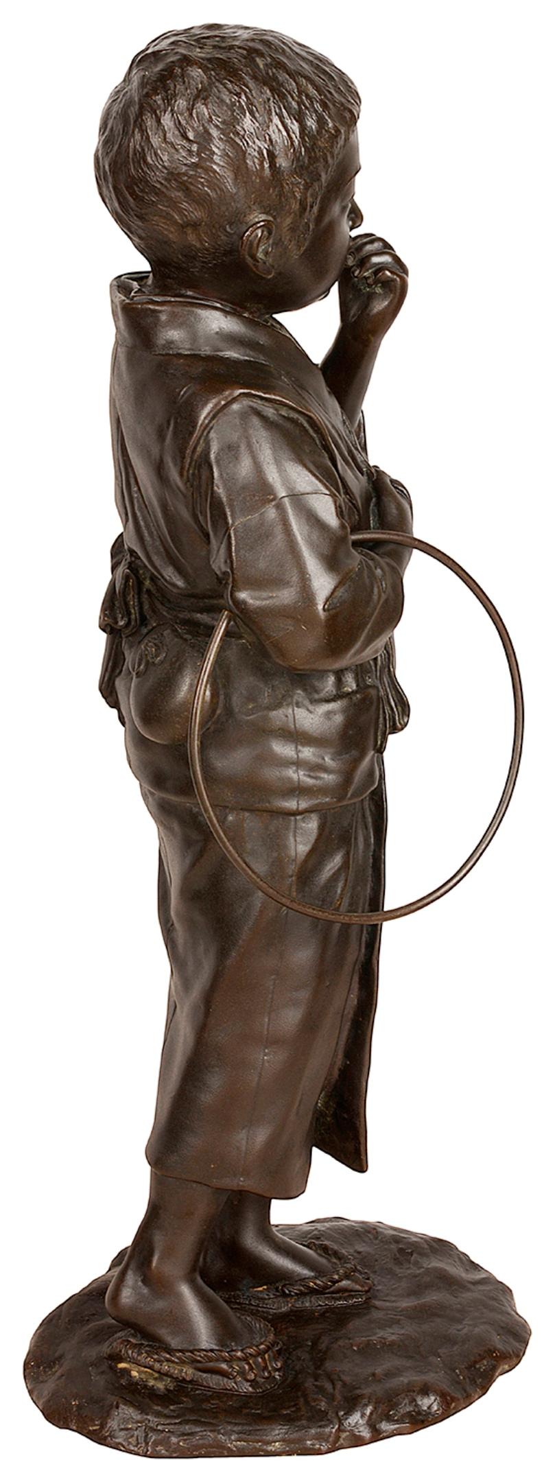 Large Japanese Meiji Period Bronze of a Young Child with a Play Hoop For Sale 1