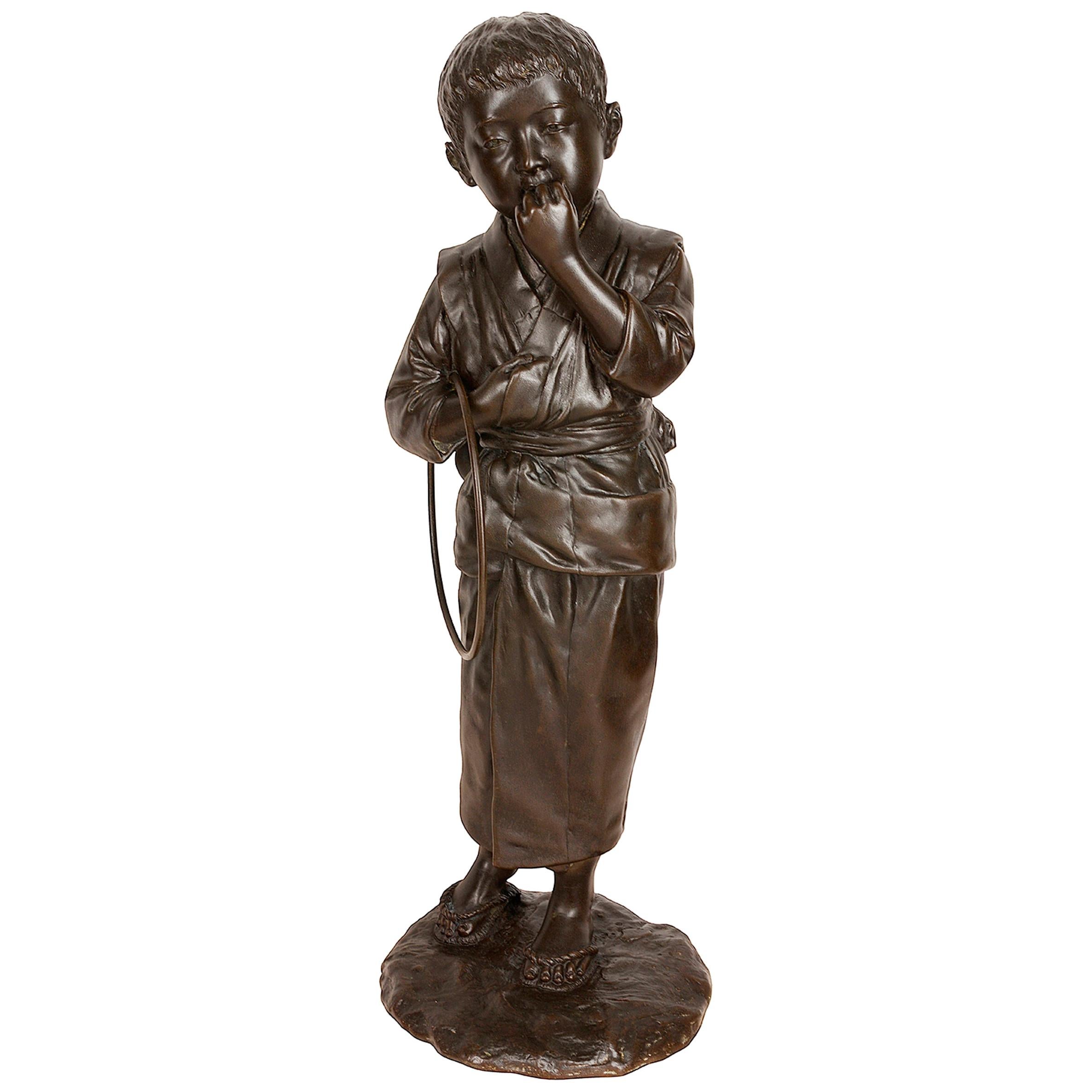 Large Japanese Meiji Period Bronze of a Young Child with a Play Hoop For Sale