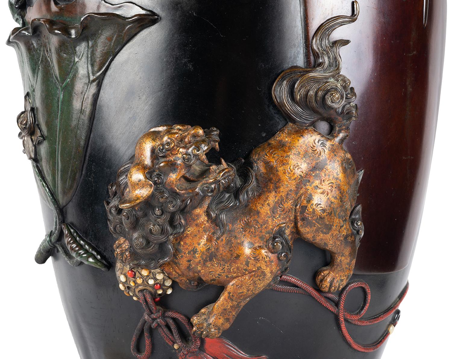 Large Japanese Meiji Period Bronze over Lay Vase For Sale 3