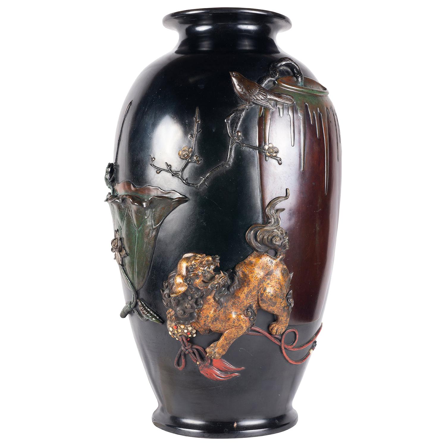 Large Japanese Meiji Period Bronze over Lay Vase For Sale