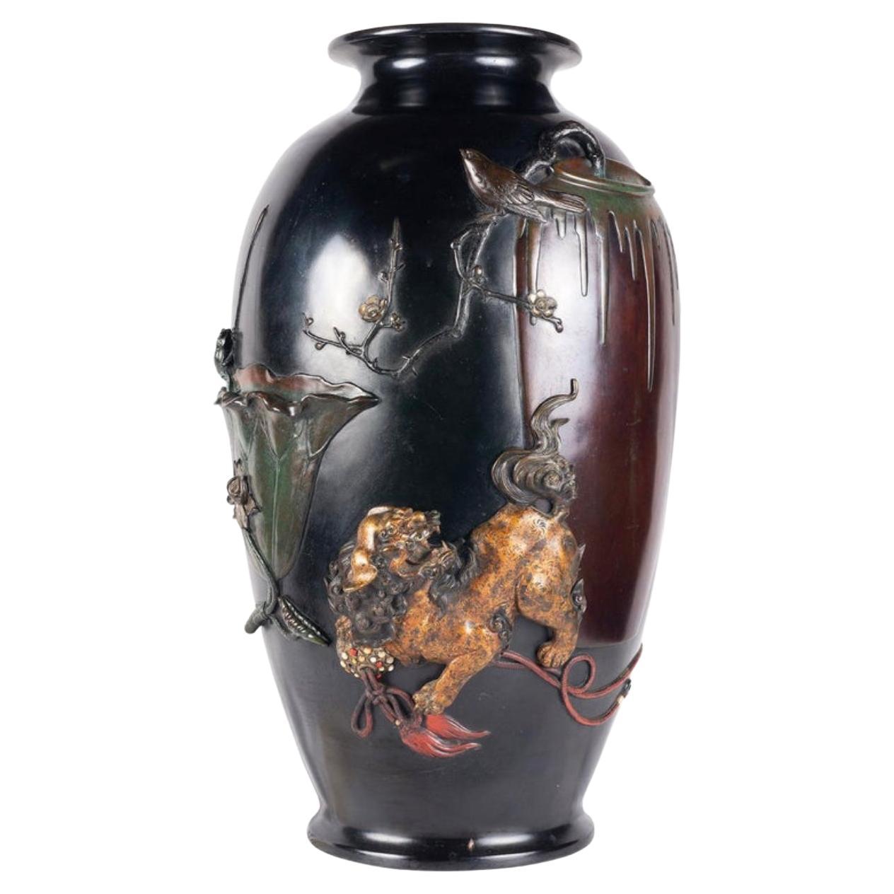 Large Japanese Meiji Period Bronze over Lay Vase For Sale