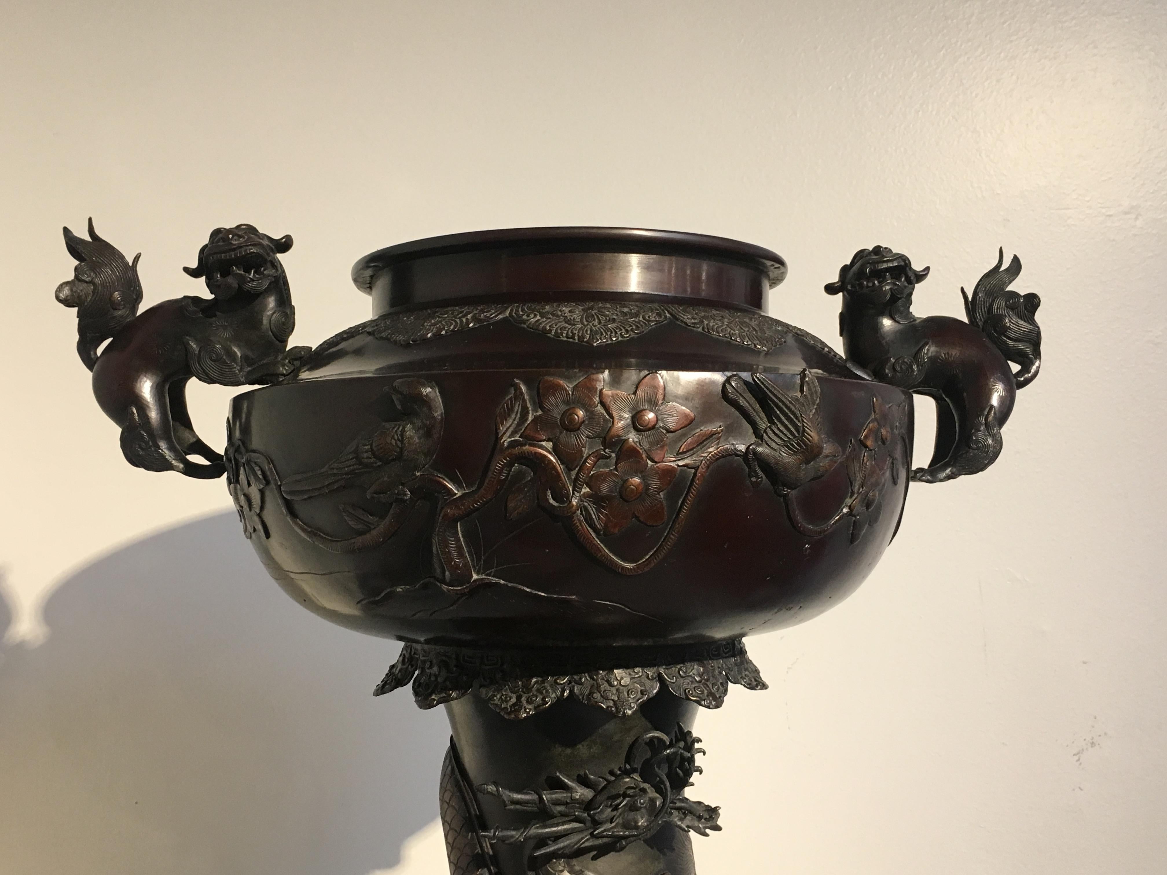 Large Japanese Meiji Period Cast Bronze Censer with Dragon and Shishi 4