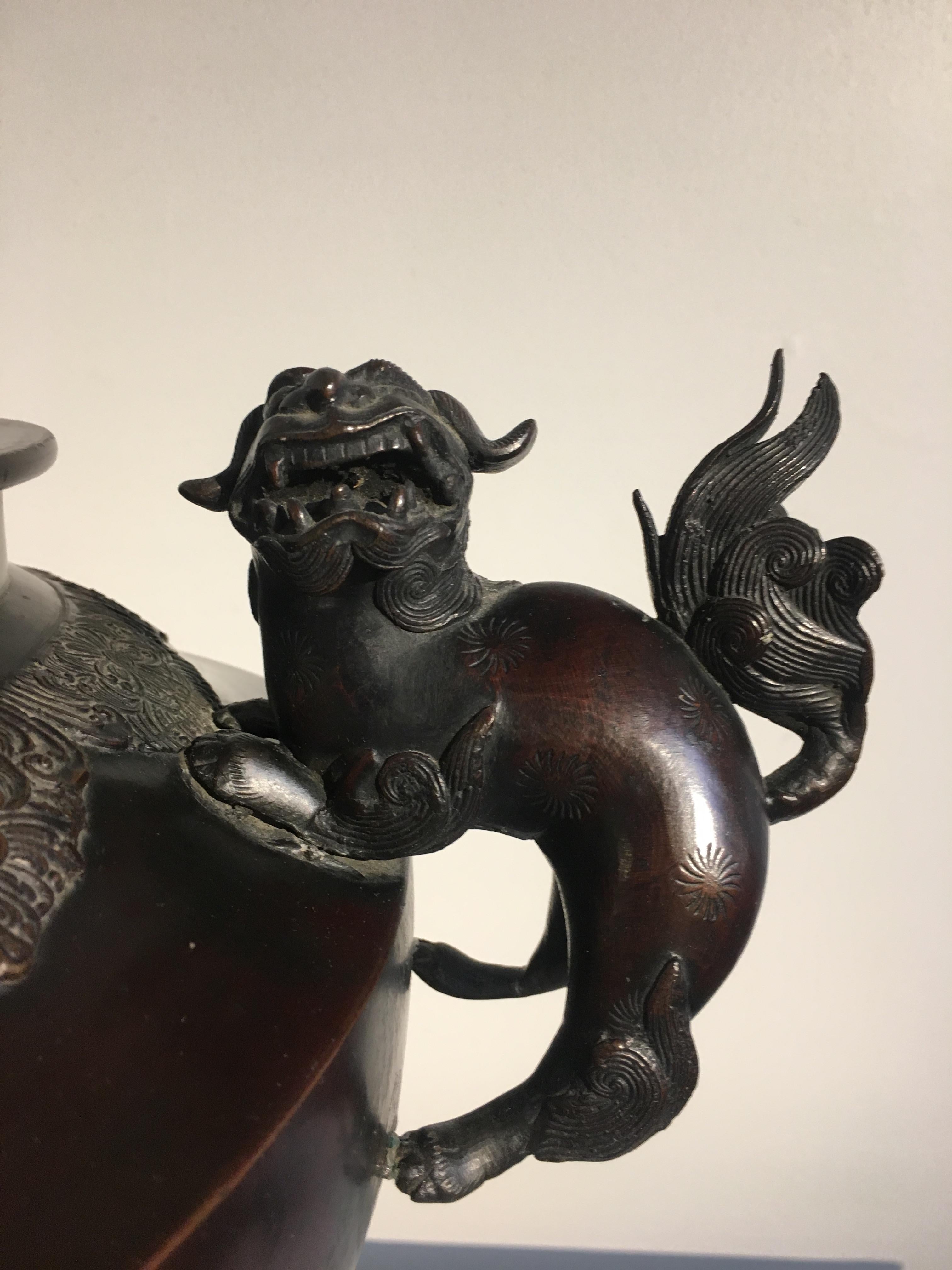 Early 20th Century Large Japanese Meiji Period Cast Bronze Censer with Dragon and Shishi