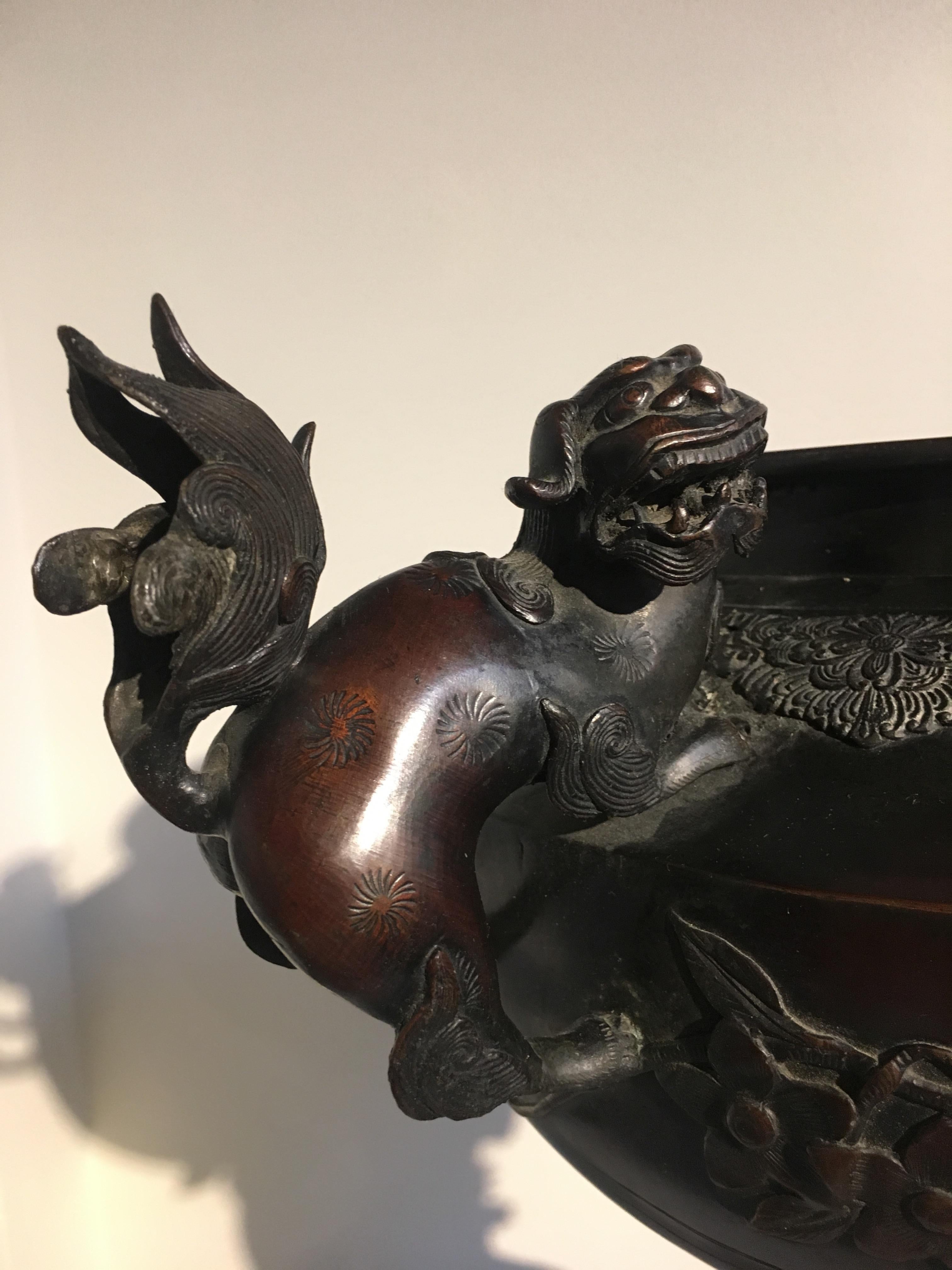Large Japanese Meiji Period Cast Bronze Censer with Dragon and Shishi 1