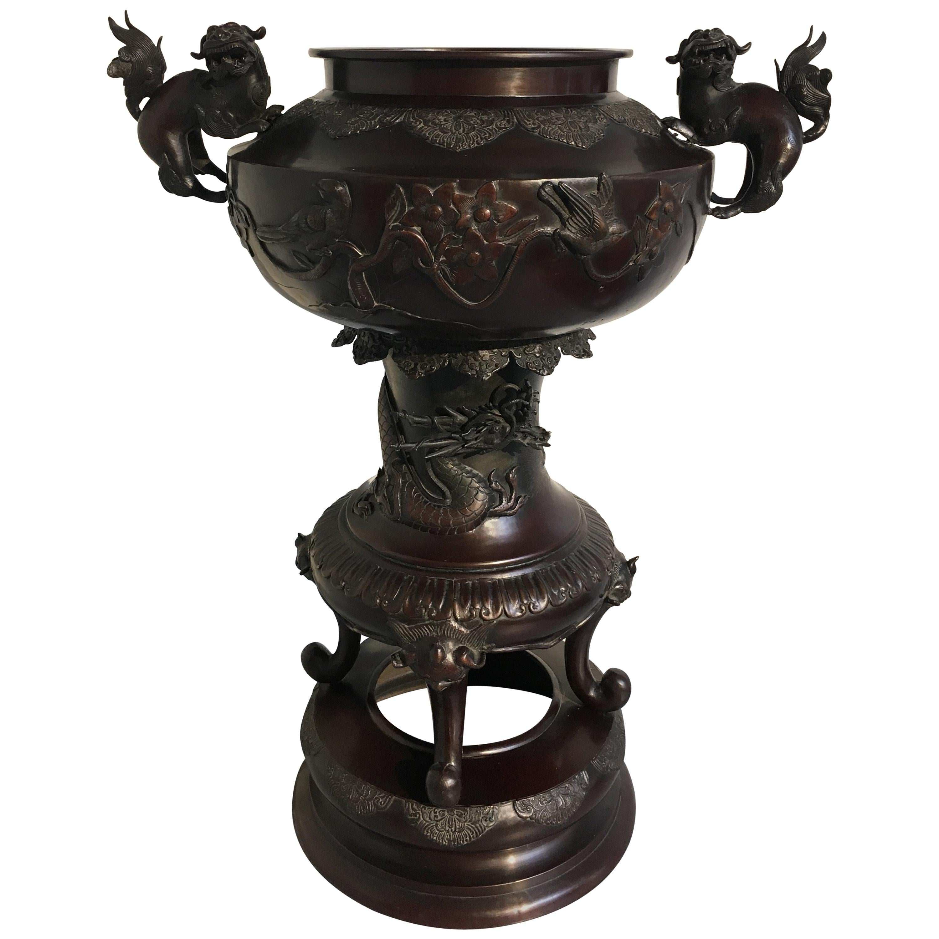 Large Japanese Meiji Period Cast Bronze Censer with Dragon and Shishi