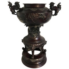 Antique Large Japanese Meiji Period Cast Bronze Censer with Dragon and Shishi